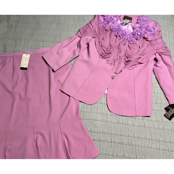 NWT Champagne Purple Ruched Feather Embellished Church Statement Skirt Suit 18